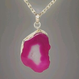 The Boho Pink Agate Geode Sterling Silver Plated Pendant Necklace